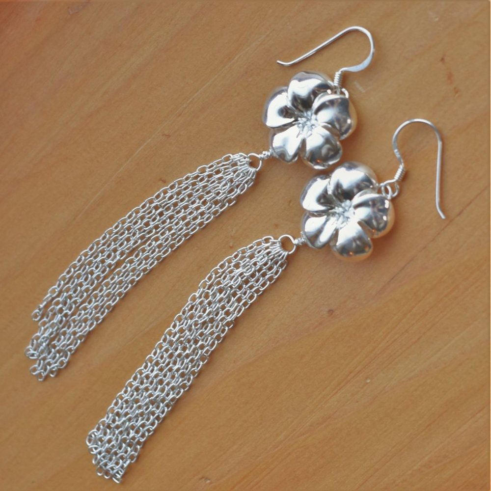 Sterling Silver Hibiscus and Chain Dangle Earrings